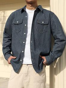 Manfinity Roghcode Men's Blue Vertical Striped Denim Casual Slim Fit Shirt - Medium Wash - View 1