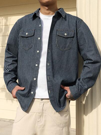 Manfinity Hypemode Men's Blue Vertical Striped Denim Casual Slim Fit Shirt