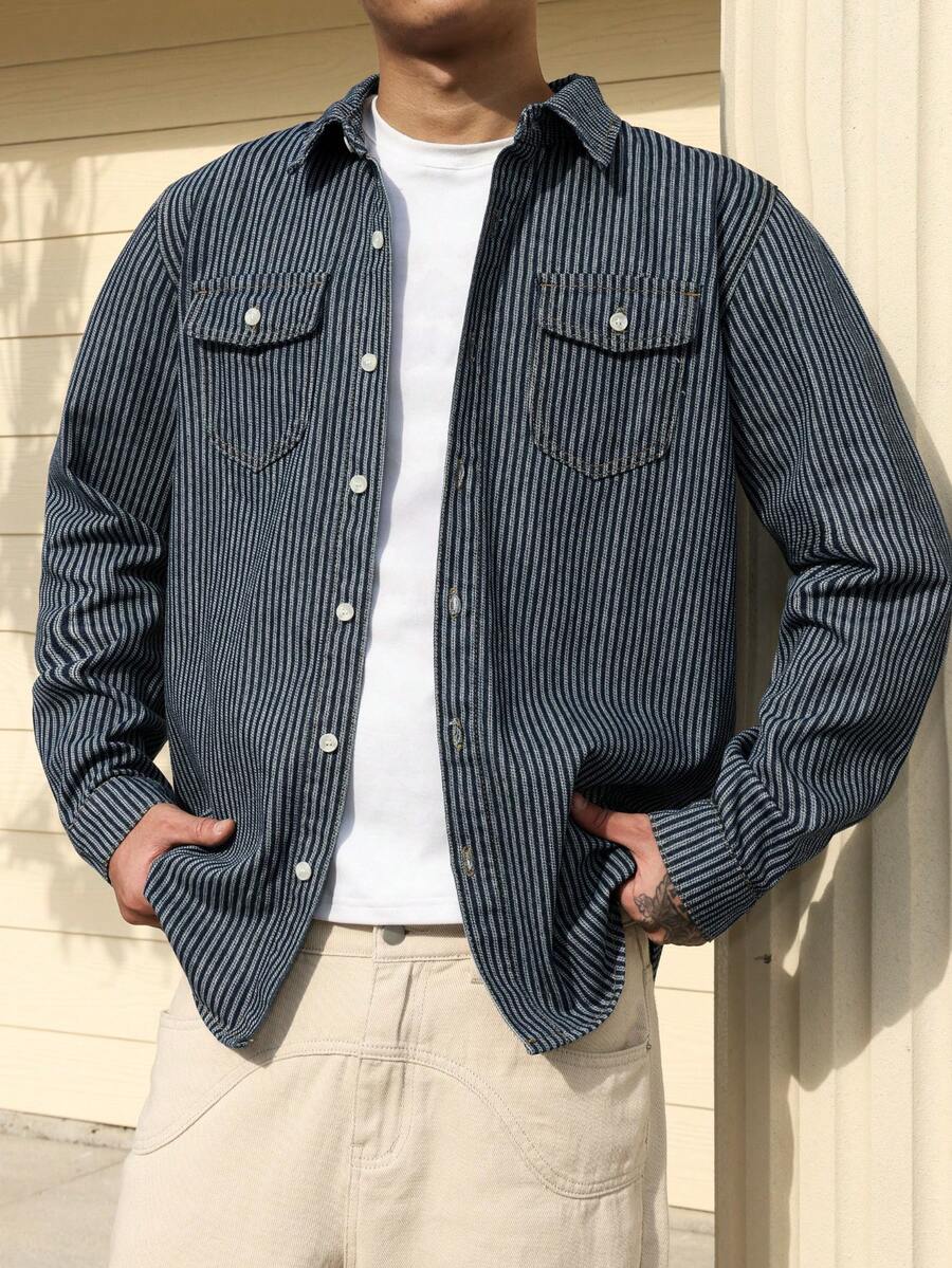 Manfinity Roghcode Men's Blue Vertical Striped Denim Casual Slim Fit Shirt - Medium Wash - View 1