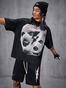 Manfinity VCAY Men's Digital Print Loose Knitted Crew Neck T-Shirt Set - Black - View 2