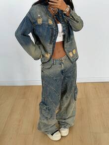 StreetHx 女士休闲时尚街头风日常通勤做旧搭扣细节牛仔夹克，春秋季 - 藍色 - 查看 6