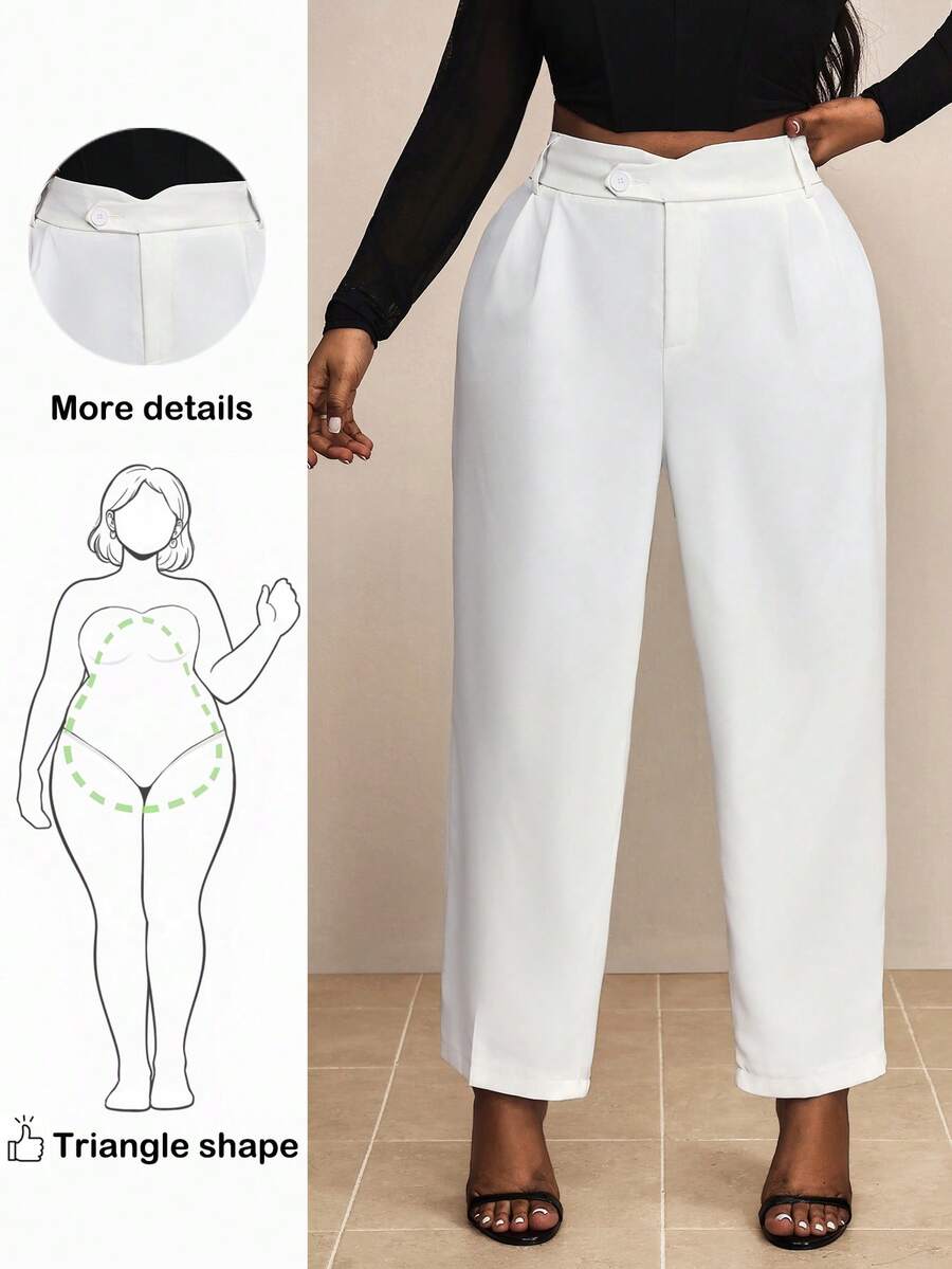 Truni Plus Size Solid Color Straight-Leg Pants With Diagonal Pockets, For Pear Triangle Body Shape - White - View 1