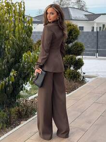 Jeta Ari 女士缺角领夹克和裤子通勤日常基本款商务套装秋冬 - 咖啡棕 - 查看 2