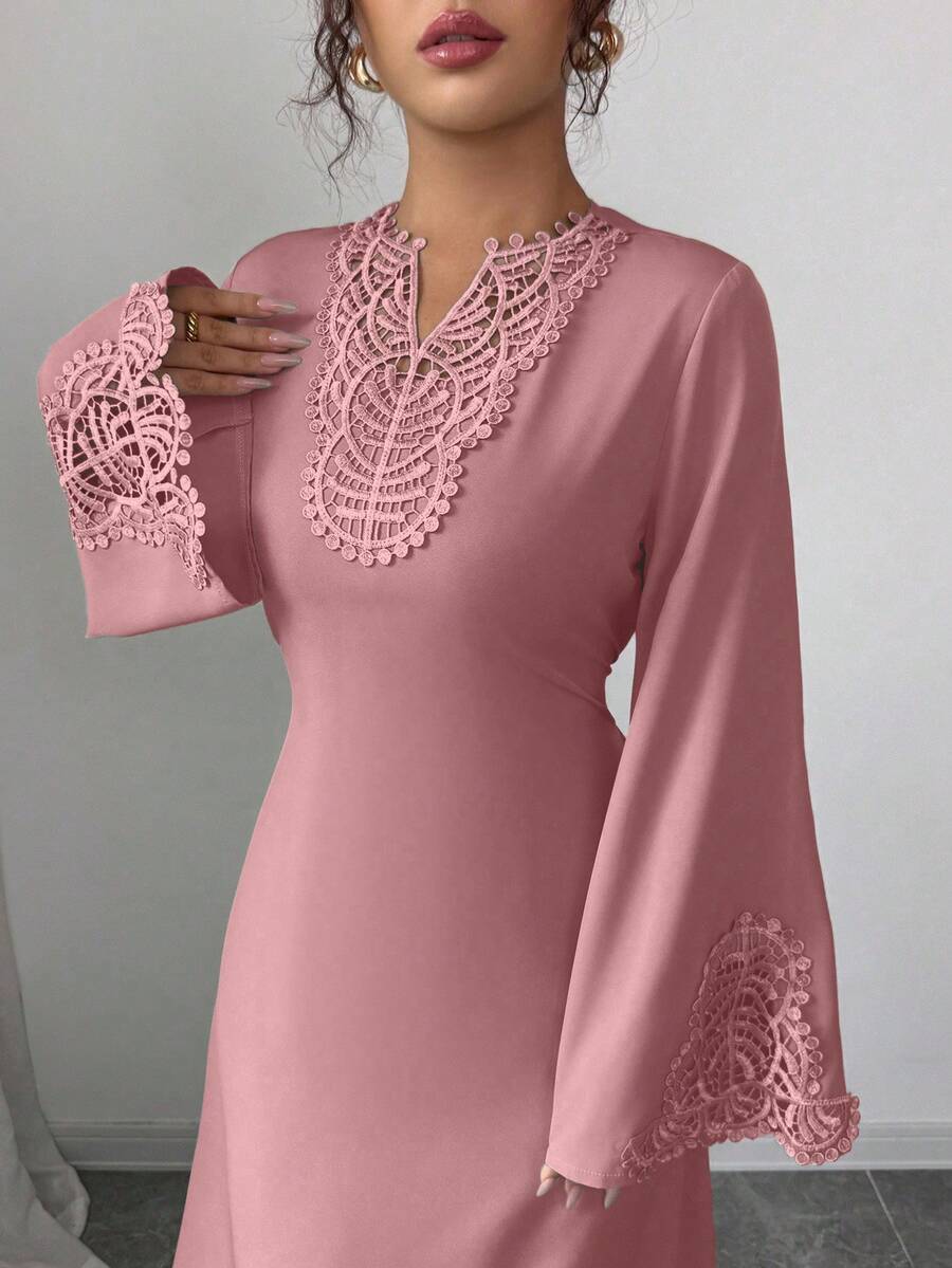 Rafferiza Women's Loose V-Neck Ruffle Hem Long Sleeve Robe, Turkish Robe, Arabic Robe Dress Modest Bell Sleeves Long Sleeve Elegant Dress Prayer Dress Women Clothing Elegant - Pink - View 1