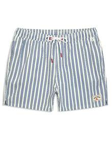 Zalmeno 男士条纹抽绳腰带口袋休闲百搭沙滩短裤 - 藏蓝色 - 查看 3