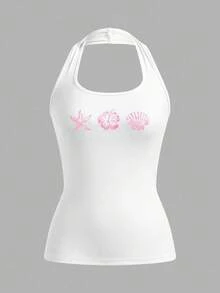 SHEIN EZwear 女士白色紧身休闲吊带背心，适合夏季穿着，粉色海星贝壳图案 - 白色 - 查看 2