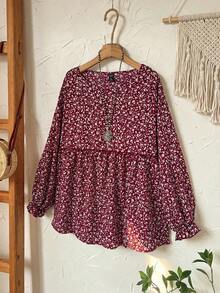 EMERY ROSE Plus Ditsy Floral Print Flounce Sleeve Peplum Blouse,Flower/Spring/Summer/Vacation - Red and White - View 8