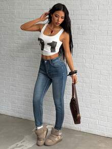 SHEIN PETITE Women's Casual Everyday Commute Slim Fit Skinny Jeans - Medium Wash - View 5