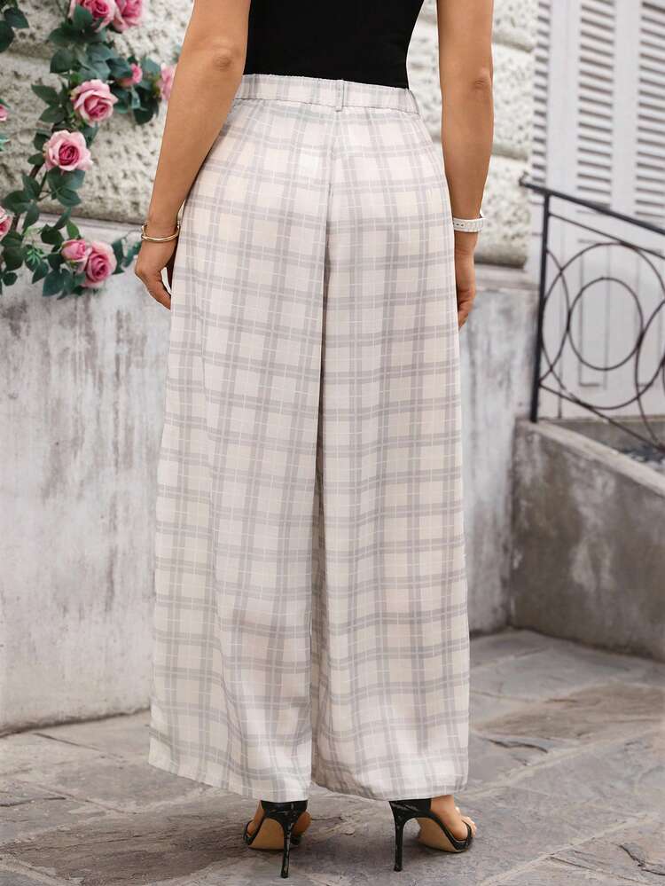 Plus Size Casual & Commuting Plaid Wide-Leg Pants For Summer/ Vacation,Spring Break Wide Leg Capri Pants Women Wide Leg Pants Checkered Pants Plaid Pants Wide Leg Summer Pants