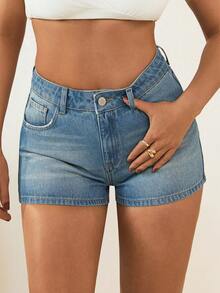 SHEIN Cottnline Women's High Waist Pocketed Casual Versatile Denim Shorts Jeans For Women Work Aqua Blue Summer - Medium Wash - View 3