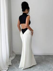 Elenzga Women's Mandarin Collar Color Block Faux Pearl Decor Cutout Back Ruched Elegant Party Maxi Fishtail Dress - Black - View 2