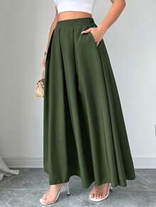 Rafferiza Tall 女士纯色褶裥口袋休闲百搭约会外出A字裙 - 墨綠色 - 查看 3