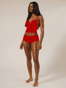 MUSERA ESSENTIALS Triangle Bust Lace Trim Adjustable Strap Cami Top And Fitted Boxer Boyshort Multipack Set Autumn Winter  Holidays Fall Underwear Everyday Cosy Lounge Essential - Red - View 5