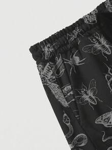 Goth Summer Outfits Plus Size Plant & Insect Print Drawstring Waist Casual Shorts, Suitable For Home, Outdoor - Black - View 3