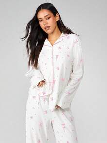 MISSGUIDED 女士睡衣套装，长袖纽扣上衣搭配同色长裤，粉色蝴蝶结印花家居服套装，舒适居家睡衣 - 粉色 - 查看 6