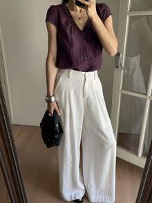 DAZY Blusa casual de verano con cuello en V, manga corta y botones delanteros, de unicolor simple para uso diario y trayectos - Morado - Ver 6