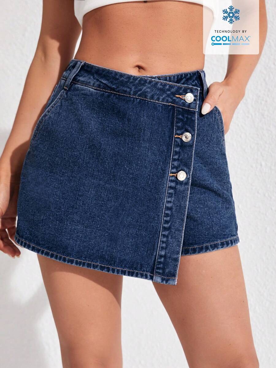 SHEIN ICON 休闲百搭日常牛仔短裤 - 深色水洗藍 - 查看 1