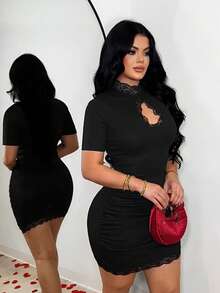 SHEIN SXY 女士立领蕾丝拼接镂空优雅收腰短袖派对连衣裙 - 黑色 - 查看 5