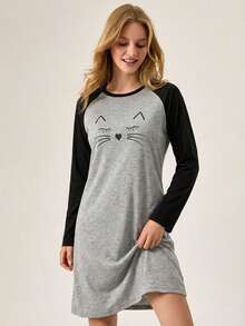 Loomlin Women Contrast Colour Long Sleeve Detail With Cat Face Printed Sleepshirt