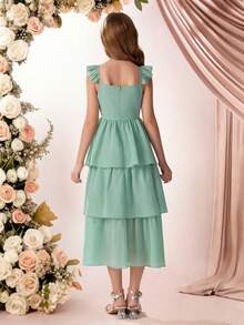 Pitira 少女派对礼服绿色纯色雪纺短袖荷叶边腰身中长公主裙，适合花童、婚礼季、情人节、派对、生日、春节等场合。 - 綠色 - 查看 2