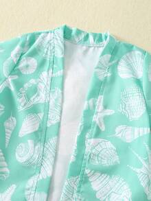 SHEIN 3pcs/Set Baby Boy Casual Vacation Cute Shell Pattern Short Sleeve Shirt, Swim Trunks And Sun Hat Set, Suitable For Beach, Surfing, Vacation, Swimming, Sun Protection,Kids - Mint Green - View 8