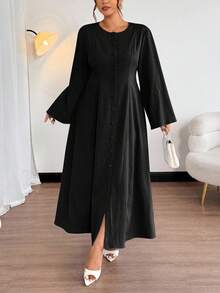 Firerie 春秋新款优雅通勤休闲旅行度假喇叭长袖纽扣前襟荷叶边下摆复古腰线A字浪漫日常通勤波西米亚风办公工作连衣裙 - 黑色 - 查看 1