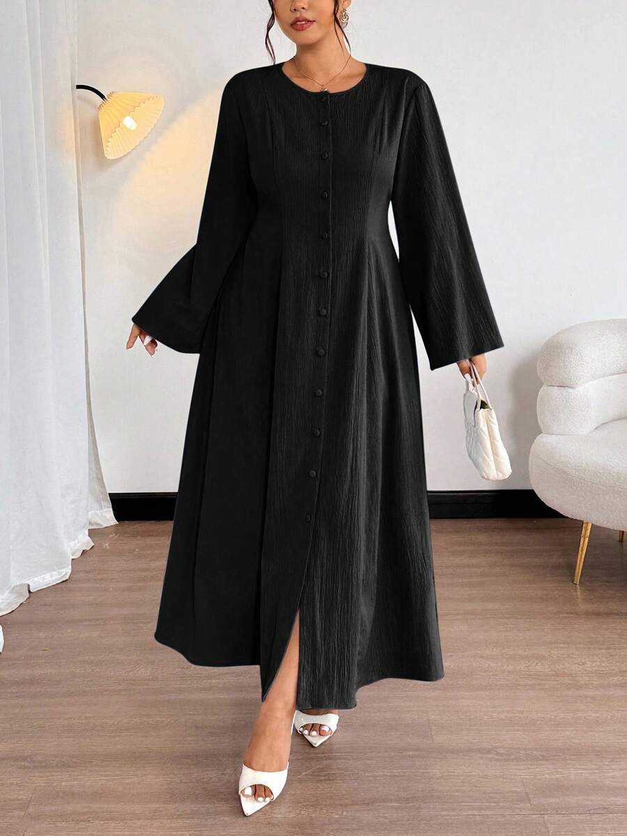 Firerie 春秋新款优雅通勤休闲旅行度假喇叭长袖纽扣前襟荷叶边下摆复古腰线A字浪漫日常通勤波西米亚风办公工作连衣裙 - 黑色 - 查看 1