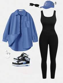 SHEIN Essnce 大码女装春夏时尚休闲运动舒适日常宽松粉色长袖纽扣衬衫和黑色紧身背心连体裤两件套，女士春季穿搭，女士机场穿搭，Y2K风格服装，街头服饰 - 藍色 - 查看 1