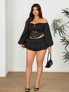 Vionelle 女士春夏秋季新款修身优雅高端约会百搭时尚领口花边蕾丝拼接甜美针织长袖紧身网纱蕾丝透视性感上衣两件套，休闲简约纹理面料高品质蕾丝，适合度假、约会、秋冬季穿着。 - 黑色 - 查看 4