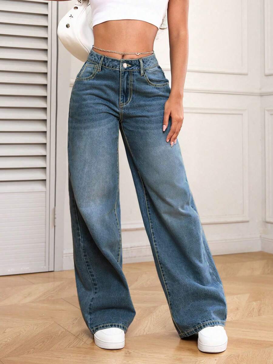 SHEIN PETITE 低腰休闲宽松直筒裤 - 寶藍色 - 查看 1