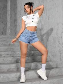 SHEIN PETITE 女士休闲日常通勤百搭牛仔短裤，夏季 - 淺色水洗藍 - 查看 3