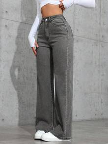 SHEIN PETITE Women's Mid-Rise Straight Leg Casual Loose Fit Jeans - Grey - View 4