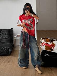 Coolane Maglietta da baseball oversize con stampa numerica, abbigliamento sportivo vintage da donna per festival estivi - Multicolore - Visualizzare 2