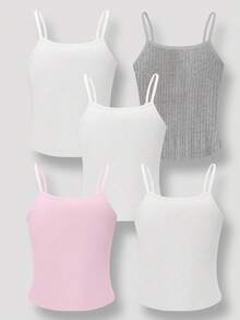 5pcs Girls' Minimalist Solid Color Camisole Underwear Set - Multicolor - View 2