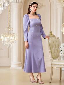 Modelyn 女士纯色方领泡泡袖水钻装饰修身优雅连衣裙 - 紫色 - 查看 7