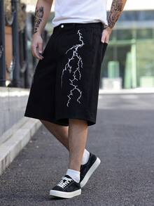 Manfinity EMRG American Streetwear Punk Chic Lightning Embroidery Black Denim Shorts - Black - View 7
