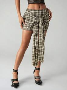 SHEIN ICON Women's Summer Fashion Daily Street Casual Plaid Print Pleated Twist Waist Mini Bodycon Skirt - Khaki - View 1
