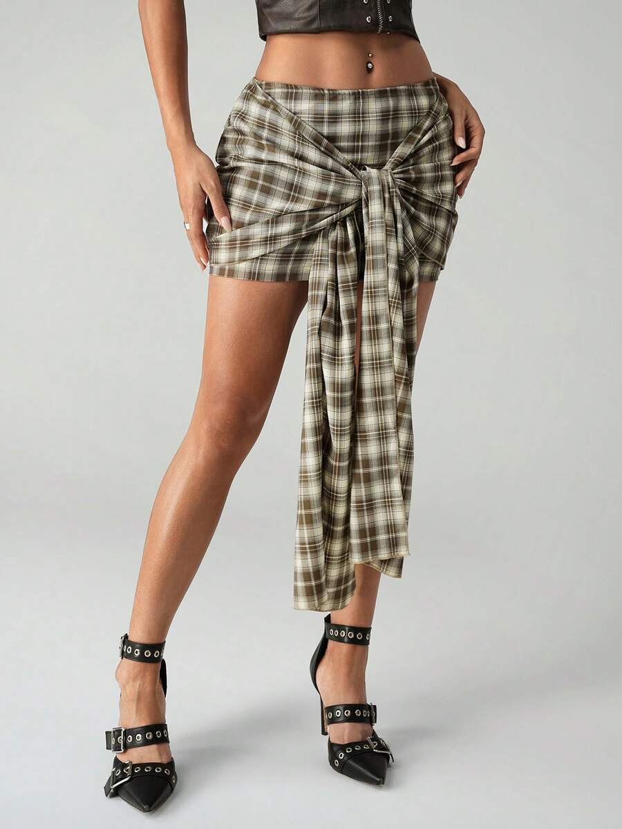 SHEIN ICON Women's Summer Fashion Daily Street Casual Plaid Print Pleated Twist Waist Mini Bodycon Skirt - Khaki - View 1