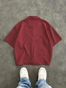 SWAVVY Men's Chinese Style Striped Button-Down Short Sleeve Shirt, Spring/Summer Couple Outfits Sets Red Striped Chinese Shirt