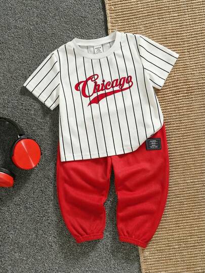 SHEIN Set de 2 piezas de camiseta a rayas y pantalón jogger cómodo, transpirable, fresco y que absorbe la humedad para niño/niña pequeño, adecuado para interior, exterior, diario, deportes, juego, fiesta, sesión de fotos, vacaciones, primavera/verano