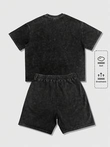 ROMWE MEN Essentials 男士休闲时尚街头日常通勤水洗短袖T恤和抽绳腰短裤套装，夏季 - 黑色 - 查看 2