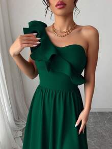 Nuevo vestido negro asimétrico sexy con hombro plisado, recorte hueco y abertura alta, adecuado para vacaciones, citas y fiestas en verano - Verde - Ver 6