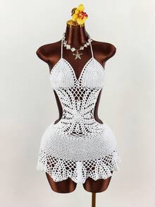 Amplova 女士针织刺绣腰部扭结麻花吊带露背性感蕾丝边迷你连衣裙/半身裙/罩衫 - 白色 - 查看 3