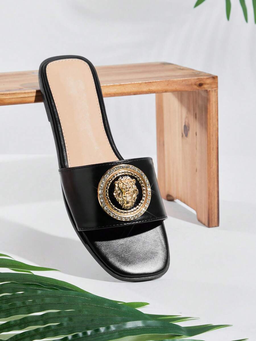 SHUZIA Sandal đế bằng nữ tối giản, thoải mái, trang trí kim loại. - màu đen - Xem 1
