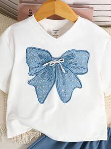 SHEIN 两件套女童蝴蝶结装饰短袖T恤和裙子，休闲日常时尚百搭套装 - 藍白色 - 查看 4