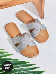 SHUZIA Women's Wide-Fit Minimalist Comfortable Woven PU Flat Sandals - Silver - View 4