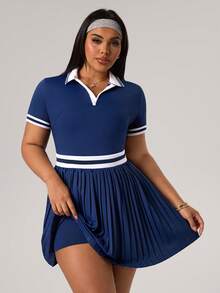 Rhythm Era 大码女式休闲撞色褶皱连衣裙 高尔夫连衣裙 大码网球连衣裙 女式Polo衫连衣裙 褶皱网球连衣裙 - 藏蓝色 - 查看 7