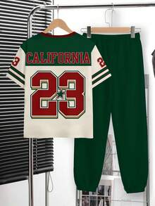 青少年男童新款休闲简约Y2K风格英文字母数字23运动复古美式拼接舒适圆领短袖T恤和裤子套装，适合春夏穿着 - 彩色 - 查看 3