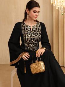 Al Najma Elegant Embroidered V-Neck Flare Sleeve Waist Tie Slim Fit Dress