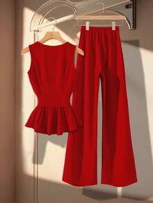 GlowEve Women's Red Knitted Textured Round Neck Cinched Waist Ruched Flared Design Elegant Niche Sense Luxury Shirt And Straight Leg Pants 2 Pieces Set, Spring/Summer - Red - View 2